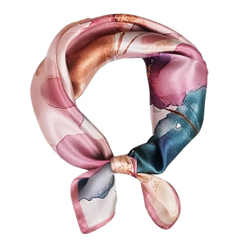 Women 100% Mulberry Silk Neck Scarf 21" Square Floral Neckerchief - color: Pink Floral