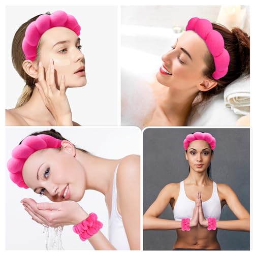 Zkptops Spa Headband for Washing Face Wristband Set Sponge Makeup Skincare Terry Cloth Bubble Soft Get Ready Hairband for Women Girl Puffy Padded Headwear Non Slip Thick Hair Accessory(Hot Pink) - color: YP Hot Pink