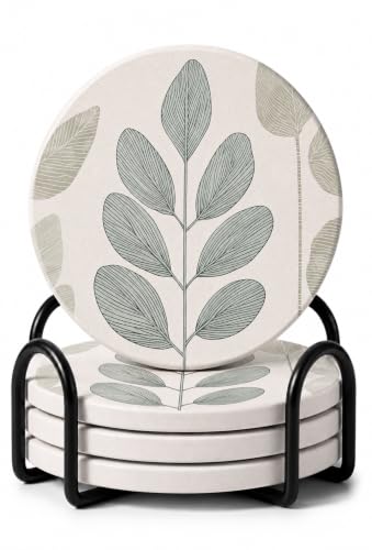 VEYRO Ceramic Coasters Set of 6 or 4 – Absorbent Stone Drink Coasters with Holder, Non-Slip Cork Backing, Modern Marble Look Coasters for Coffee Table, Desk & Home Decor (Leaves 5, Set of 4) - color: Leaves 5, size: Set of 4