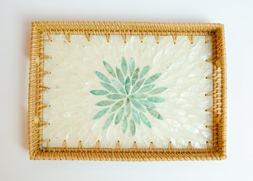Magenta & Teal Decorative Rectangle Rattan Serving Tray 13x9 inch Mother of Pearl Inlay, Wicker Coffee Table Decor, Farmhouse (Silver Green Flower) - color: Silver Green Flower