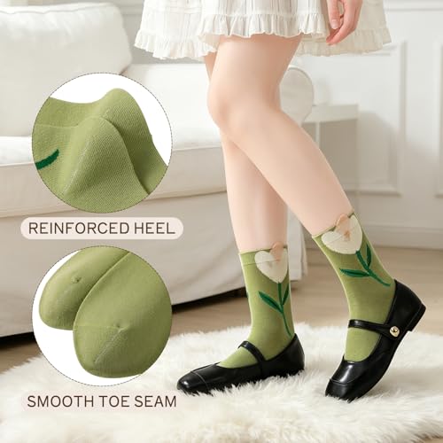5/6 Pair Crew Socks for Women Floral Socks - color: Black, Blue, Green, White, Pink