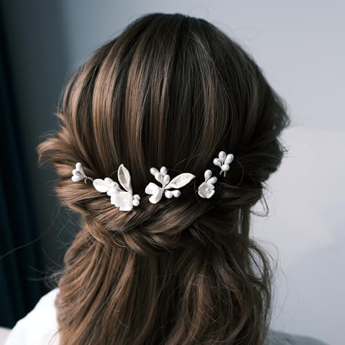 Handmade Pearl Bridal Wedding Hair Pins 6Pcs White Ceramic Flowers Gold Leaf Pearls Clips Wedding Hair Accessories for Women Brides Bridesmaid (Set-C-Bronze) - color: Set-C-Bronze