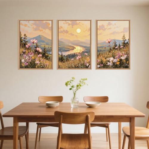 LHIUEM Large Boho Sunset Wildflower Framed Canvas Wall Art,Nature Pink Flower Wall Decor,Blossom Botanical Mountain Landscape Artwork for Living Room,Bedroom,Dining Room,Office -16"x24"x3 - color: Boho Sunset Wildflower Wall Art, size: 24"L x 16"W