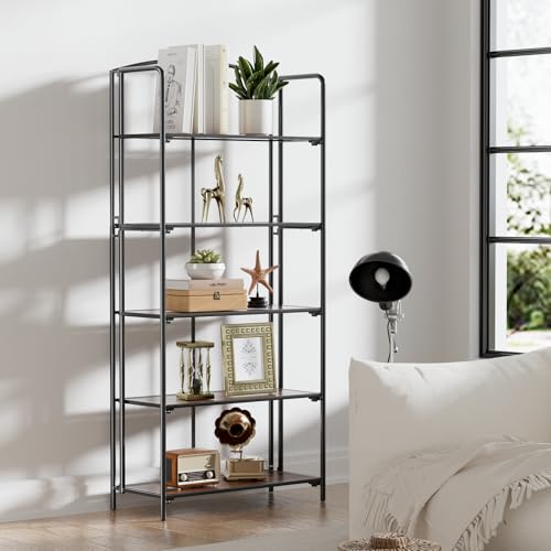 Crofy 5-Tier Wider Foldable Bookshelf, Black Frame & Walnut Shelves - color: Black Frame & Walnut Shelf, size: 5 Tier Wider