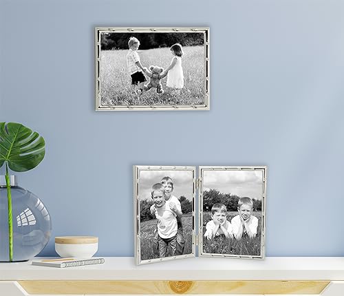 4x6'' Bamboo Detail Double Photo Frames,Silver 6x4'' Double Metal Picture Frames,Elegant Silver Plated Photo Frames 4 x 6'' With Soft Touch Velvet Backing and Real Glass for Desktop and Shelf Decor - color: Silver, size: 4x6Inch Double