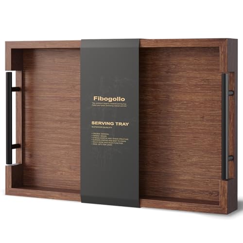 Fibogollo Bamboo Serving Trays with Metal Handles,Medium(Brown) - style: Brown-Medium
