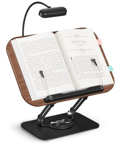 Book Stand with Reading Light, 360° Rotating Book Holder for Desk, Foldable Cookbook Stand with Page Clips, Height & Angle Adjustable Reading Stand for Textbooks, Tablets - color: Dark Wood With Light