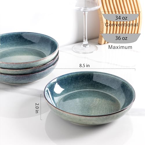 AmorArc 8.5’’ Ceramic Pasta Bowls Set of 4, 36oz Large Stoneware Bowls Set - color: Ceylon Blue, size: Set of 4