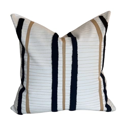 AYAY Decorative Velvet Throw Pillow Cover 18x18 Inch – Off White with Black & Beige Embroidered Modern Stripe Design, Minimalist Neutral Accent Cushion, Hidden Zipper, Cover Only - color: Modern Black and Beige