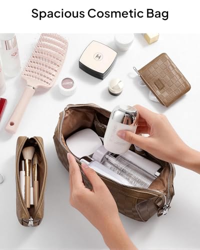 TOPEAST Travel Makeup Bag Cosmetic Bags for Women, 3 Pcs Set Make Up Toiletry Bag with Removable Zip Purse, Waterproof Leather Makeup Brush Organizer for Travel Essentials, Brown - color: Brown