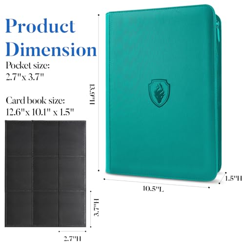 Premium Zip Card Binder, Fabmaker 9 Pocket Trading Card Binder PU Cover - color: Turquoise, size: 9 Pocket - 13.9" x 10.5"