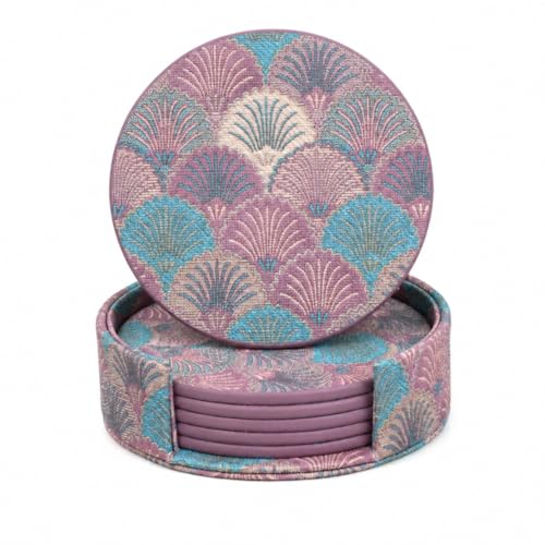 Art Deco Coasters Set of 6 with Holder, Pink and Teal - color: Pink and Teal