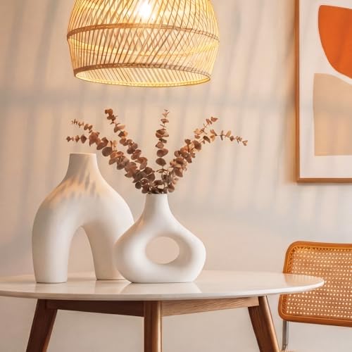 Patelai Set of 2 Mid Century Modern Home Decor Donut Vases, White - color: White