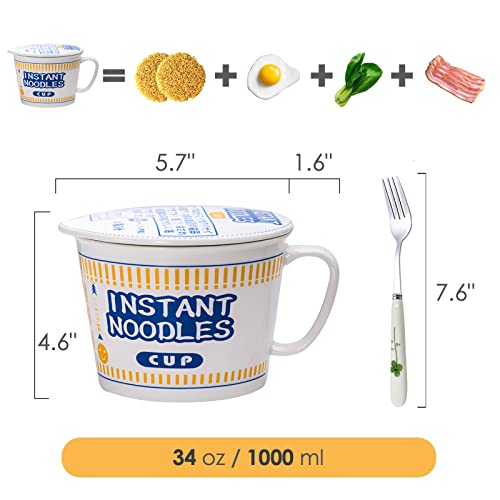 34 OZ Ceramic Ramen Bowl with Lid Instant Ramen Noodle Bowl Large Soup Bowl with Handle, Ramen Lovers Gift, Blue - color: Blue