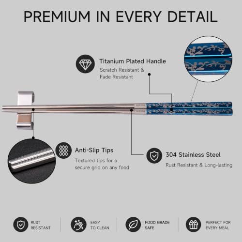 JEETEE Metal Chopsticks, 2 Pairs Stainless Steel with Holder - color: Blue