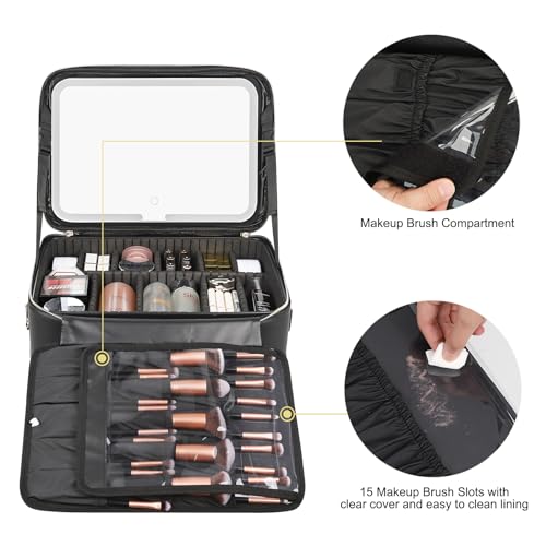 Relavel Makeup Case Large Makeup Bag with LED Mirror, Professional Train Case 16.2 inch, Travel Cosmetic Organizer Brush Holder Waterproof Makeup Artist Storage Box with Adjustable Strap - color: Black with LED Mirror, size: Large