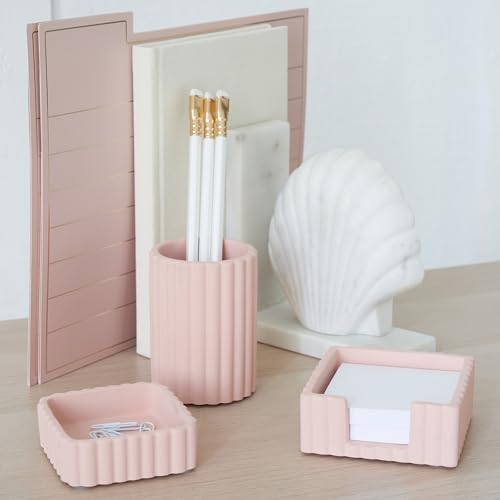 Modern Aesthetic Desk Accessories Set of 3 - Pink Concrete Organizers - color: Pink