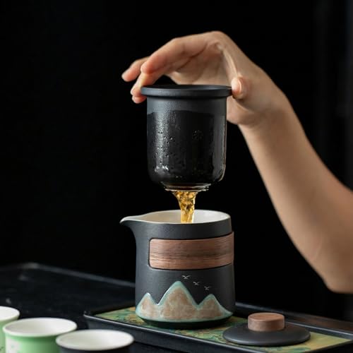 Gongfu Tea Set with Gift Box - Complete Chinese Ceramic Teapot Set with 1 Pot, 4 Color Cups, Tea Tray & Strainer, Elegant Mountain Painting Design for Wedding, Birthday Gift or Office Decor - color: Black Hand-Grip Teapot & 4-Color Teacups