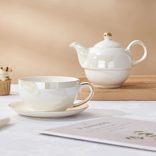 Tea for One Set, Teapot and Cup Set, Pearl White - color: Pearl White