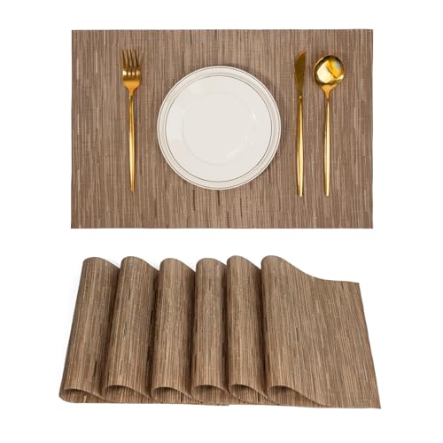 Placemats Set of 6，Non-Slip PVC Weave Table Mats Easy to Clean，Heat Resistant Place Mats for Kitchen Dining Table Decoration Indoor Outdoor，Light Brown - color: Light Brown