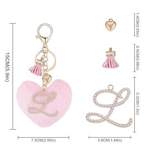Initial Letter Heart Pom Pom Keychain for Women Pink Soft Fluffy Ball Key Ring for Purse Backpack Handbag - color: L
