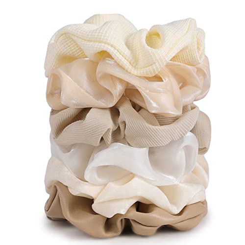 Matte Scrunchies for Hair 6PCS Cotton Scrunchies for Women Girl Thick Hair Ultra Textured Soft Ponytail Holder Nude Scrunchie Hair Accessories for Women - color: Beige 6PCS