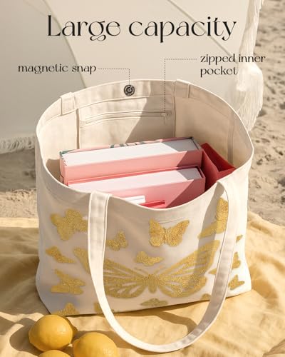 Miss Adola Embroidery Canvas Tote Bag with Pocket & Buckle - color: Butterfly