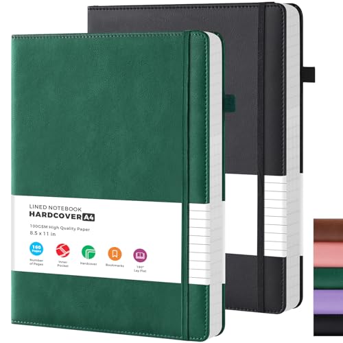 FOCUS DAY A4 Lined Journaling Notebook, 2 Pack, 8.5" x 11" Large Size, PU Leather Hardcover, for Women/Men Writing Work, College School Office Supplies - color: Black_Green, size: A4