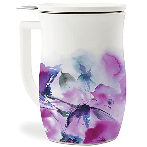 Tea Forte Ceramic Fiore Tea Cup with Infuser, Verbena Blossom, 14 oz - color: Verbena Blossom