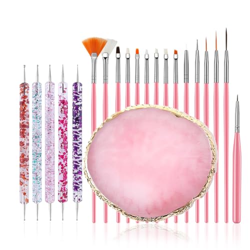 FULINJOY 21Pcs Nail Art Brushes Set - 1 Resin Nail Art Palette, 5 Nail Art Dotting Pens, 15 Nail Art Brushes, Nail Polish Mixing Palette Double-Ended Dotting Pen Nail Liner Brush Nail Drawing Brushes