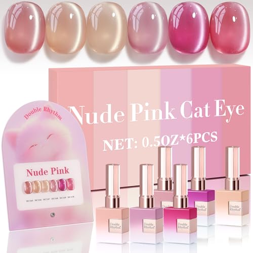 Double Rhythm Cat Eye Gel Nail Polish Set of 6 Same Color Same Bottle 0.5 Oz Shimmer Glitter with Magnet Holographic Reflective Magnetic UV Nail Polish Kit at Home (Nude Pink Rose-T6-30) - color: Ice Crystal