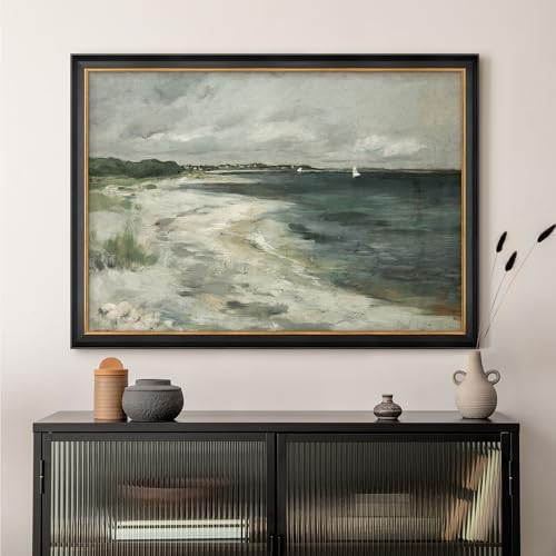 MUDECOR Premium Framed Wall Art Ocean Wave Beach Shore Landscape Nature Wilderness Illustrations Fine Art Decorative Farmhouse/Country Multicolor Zen for Living Room, Bedroom, Office - 26"x36" Black - color: A07-2308-na33, size: 36"L x 26"W, style: Black