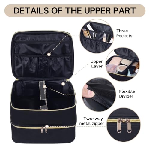 Double Layer Makeup Bag with Adjustable Dividers, Black - color: Black