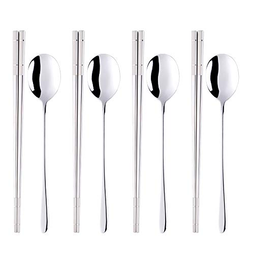 Buyer Star 4 Set Silver Square Chopsticks and Spoon Set Metal Stainless Steel Spoon Chopsticks Set - color: silver-square chopstick and spoon