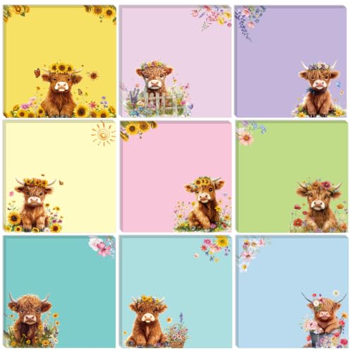 Highland Cow Gift Sticky Notes - 9 PCS Cute Animal Notepads Aesthetic Sunflower Self-Stick Note Coloful to Do List Memo Pads School Office Stationery Supplies for Women Cow Lover Students - style: Highland Cow Colorful