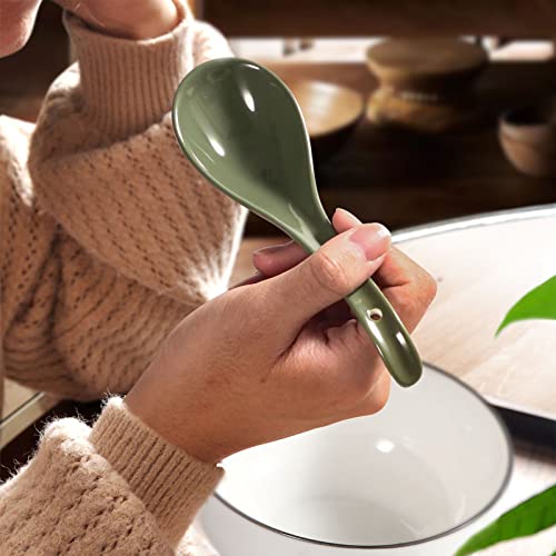 Green Ceramic Soup Spoons Set of 6, 6.75 Inch Chinese Ramen Spoons for Pho, Cereal, Noodles, Stews, Wonton, Dumpling, Miso - Deep Oval Hook Design, Dishwasher Safe - size: 6.75 inch - Green