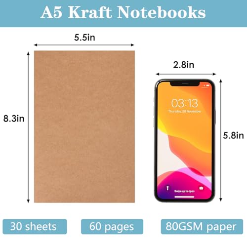 SZYIKUER A5 Kraft Notebooks Bulk, Lined Paper Journaling Notebooks, Notebooks for Work, Journal notebooks for kids, Composition Notebooks for School， 60 Pages ，8.3x5.5 Inches 4Pack