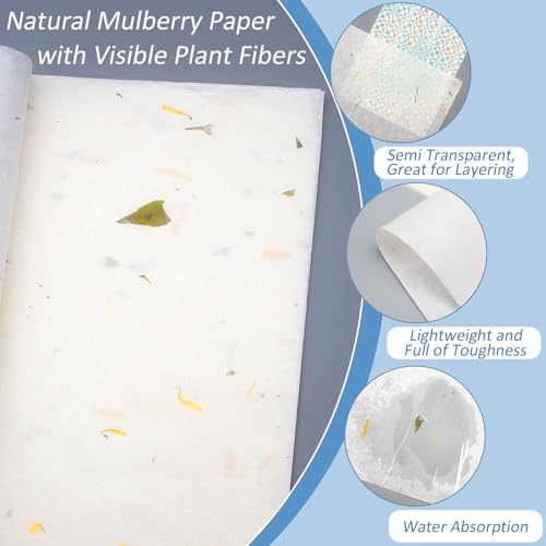 Benvo 50 Sheets A4 Natural Mulberry Paper Visible Leaves Fiber Rice Paper Printable Decoupage Tissue Paper Sheets for Writing, Painting, Card Making, DIY Crafts(8.3x11.7in, Semi Transparent Off White) - color: semi transparent