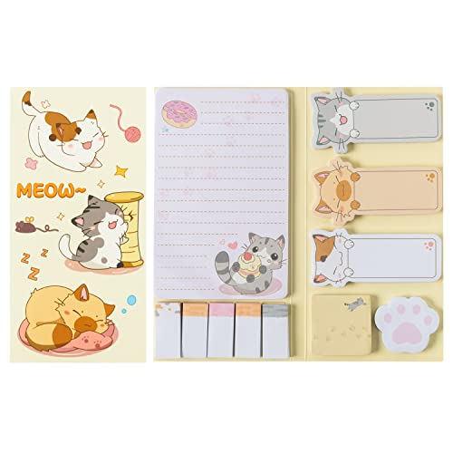 Xqumoi Cute Cartoon Cat Sticky Notes Set, 550 Sheets, Lovely Cat and Paw Shaped Self-Stick Notes Pads Kitty Animal Divider Tabs Bundle Writing Memo Pads Back to School Office Supplies Small Gift - color: 1pack-cartoon Cat