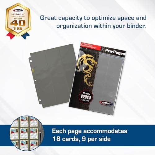BCW Double-Sided 9-Pocket Pages Holder - 10 Gray Pages | Trading Card Binder Sheets | Secure Side Loading | Ideal Card Storage and Display Solution - color: Gray