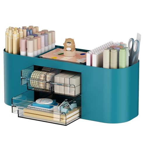 Marbrasse Pen Holder for Desk with 3 Drawers, Multi-Functional Pencil Holder, Desk Organizers and Accessories with 7 Compartments for Home, School, Classroom (Dark Green) - color: Dark Green