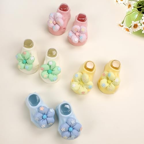 4Packs Baby Girls Socks,Flower Non-Slip Grips for Babies Toddler Princess - color: Yellow Pink White Bule