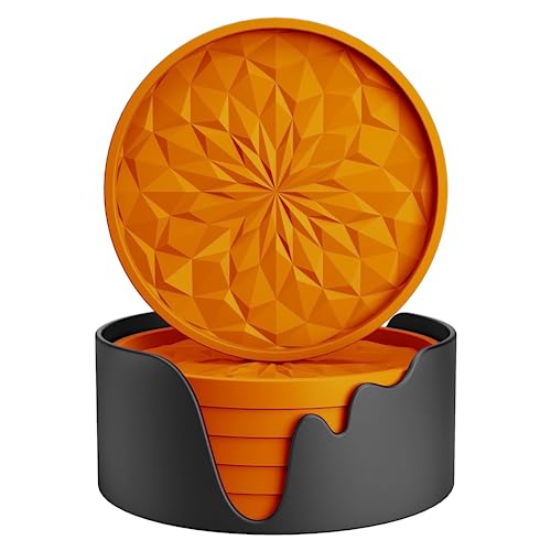 ME.FAN Silicone Coasters with Holder,[6 Pack] Drinking Coasters - Cup Mat for Hot or Cold Drinks, Thickened, Non-Slip, Non-stick,Deep Tray Orange - color: Orange
