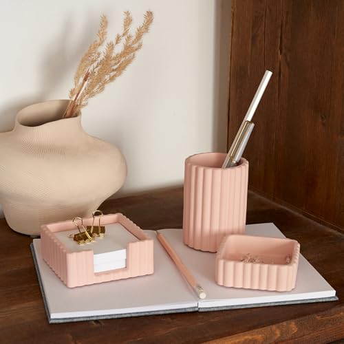 Modern Aesthetic Desk Accessories Set of 3 - Pink Concrete Organizers - color: Pink