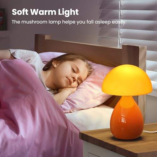 Mushroom Lamp Table Lamp, Mini Modern Lamp Bedside Nightstand Light Desk Cute Small Light Dimmable for Bedroom, Living Room, Ceramic Base Glass Led Home Decor for Woman Children Gifts - color: Orange