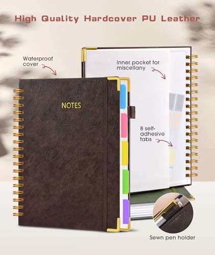 Hardcover Spiral Notebook Journal with Removable Dividers Tabs, 300 Pages Leather 5 Subject Notebook College Ruled, 8"x10" Large B5 Notebooks for Work School Note taking, Lined Journal for Women,Brown - color: Brown, size: 8"x10"