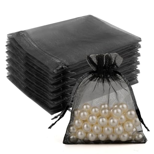 Crweety 50 Pcs Organza Bags 3x4, Black Small Mesh Gift Bags Drawstring Bulk - color: Black