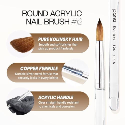 PANA Pure Kolinsky Hair Nail Brush - Round Clear Acrylic Handle (Size 12) - Nail Brush for Nail Application, Nail Extension, Manicure Pedicure Salon Beginner and Professional - color: Clear, size: Size 12