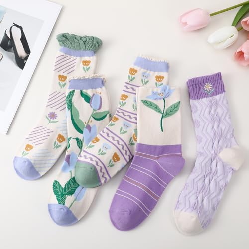 5/6 Pair Crew Socks for Women Floral Socks - color: Purple, Green