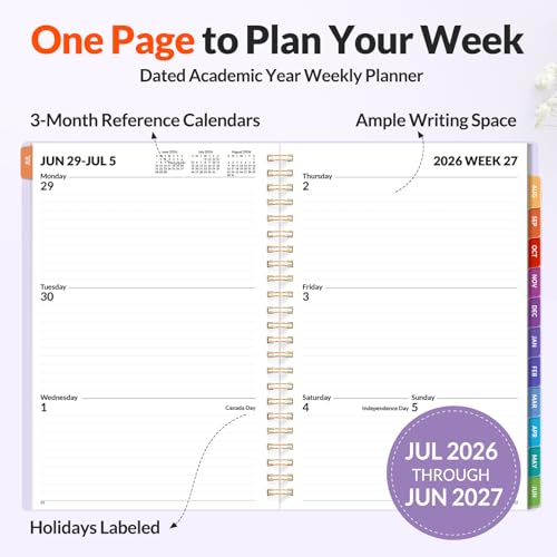 SUNEE Academic Planner 2026-2027 – Weekly & Monthly Planner, July 2026 to June 2027, 6.4"x8.3", Thick Paper, Tabs, Pockets, Bookmark, Spiral-Bound, Student Teacher Organizer, Purple - color: Purple